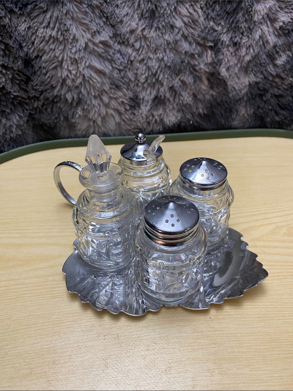 Vintage Cut Glass Cruet and Shaker Set with Silver-Tone Tray - Clear